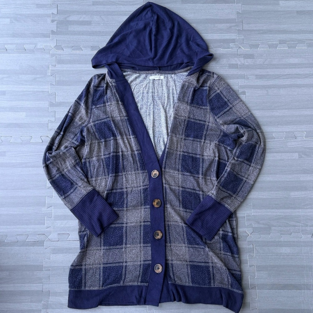 Maurices Navy Blue Plaid Hooded Cardigan Button Front Lightweight Soft Knit Top